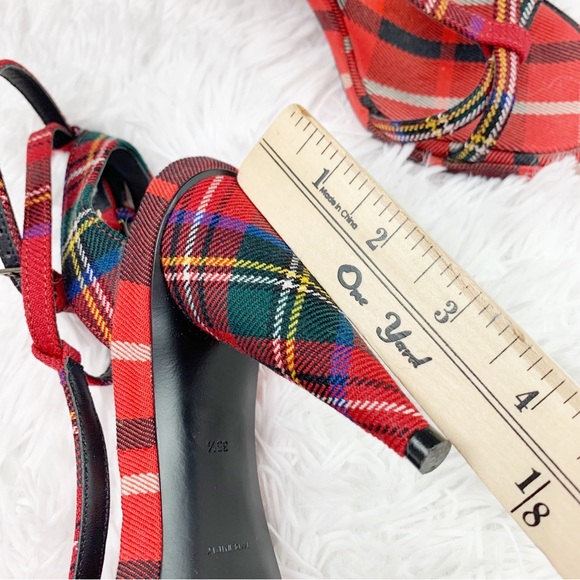 Burberry Red Checkered Canvas T Strap Sandals Tartan Wool Cone-heel Size 35.5 - Picture 6 of 12